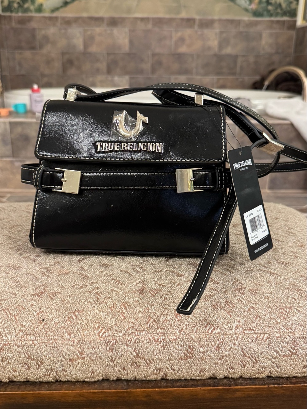 True Religion Black Leather Crossbody Bag
